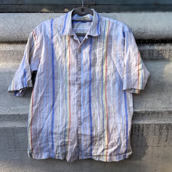 Tommy Bahama 100% Linen Shirt Short Sleeved Silk Striped Large (L) - Picture 2 of 16
